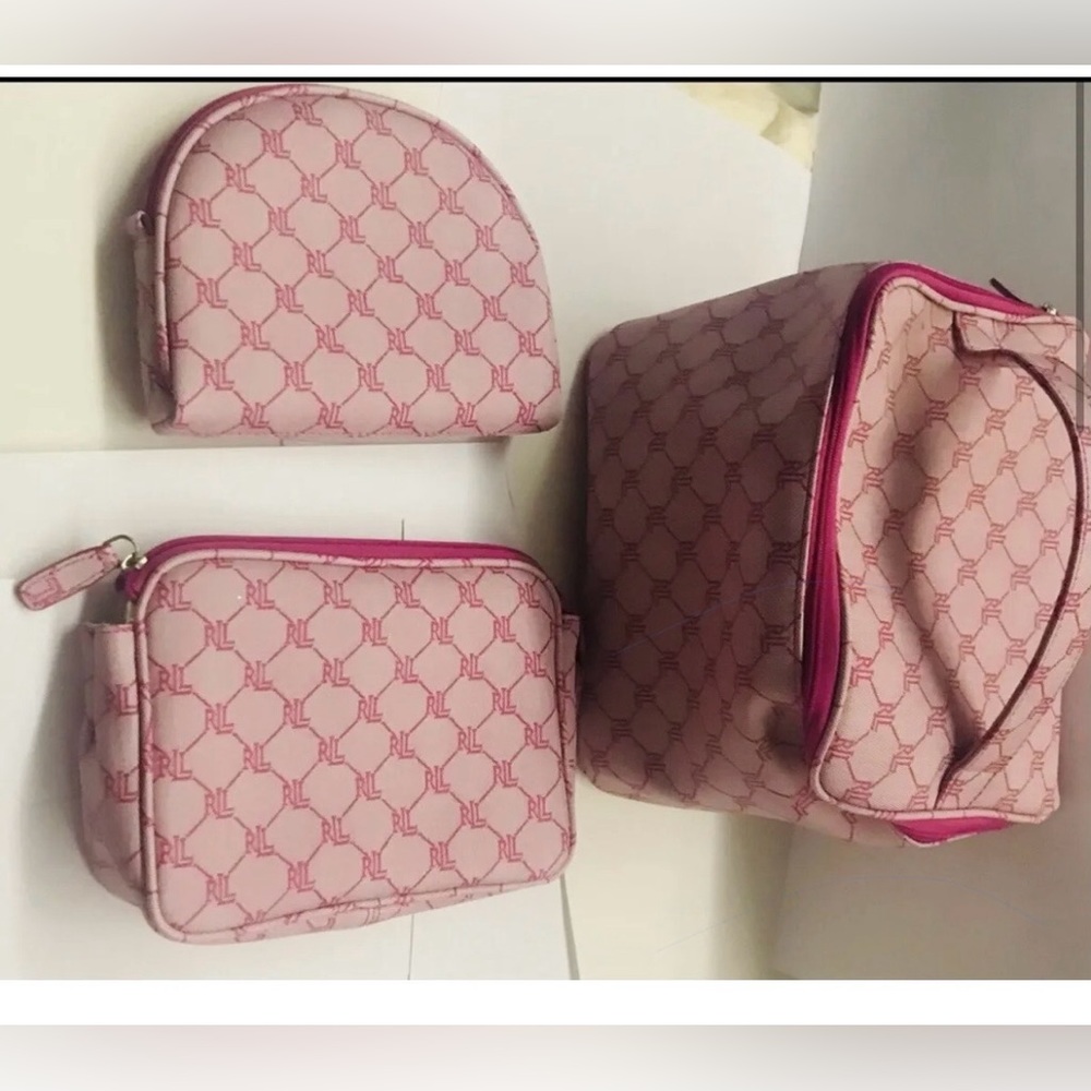 New 3 New Lauren Ralph Lauren Pink Cosmetic Bags iPhone Bag Signature RL Logo - Picture 13 of 14